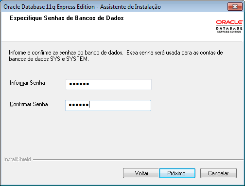 Senha dos usuários SYS e
SYSTEM