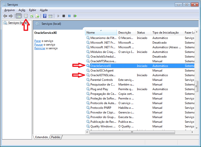 Serviços do Oracle XE
ativos