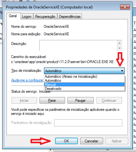 Serviços do Oracle XE com inicialização
manual