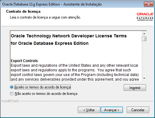 aceitar os termos de licença do Oracle
XE