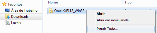 extração do instalador do Oracle
XE