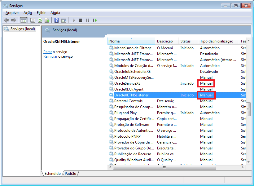 inicialização manual dos serviços do Oracle
XE