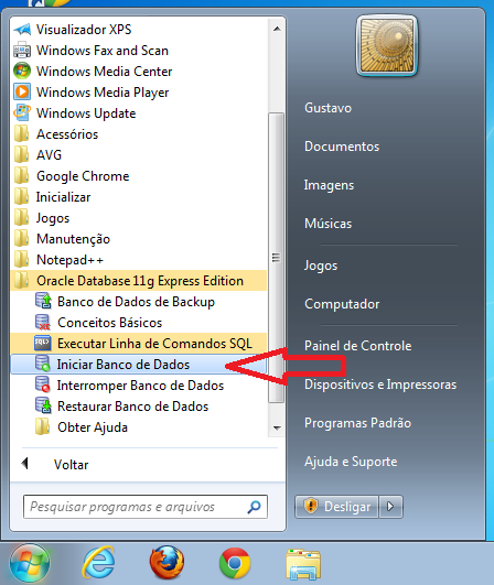 iniciar serviços do Oracle
XE