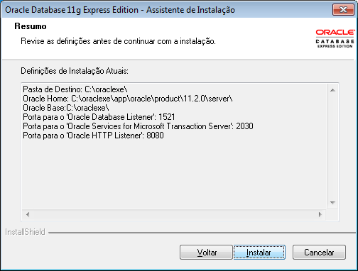 resumo da instalação do Oracle
XE