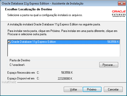 selecão do local de instalação do Oracle
XE