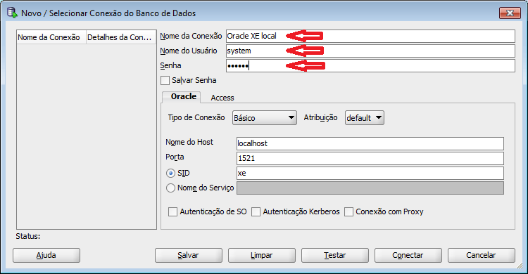 tela para criar conexão com o banco de dados no SQL
Developer