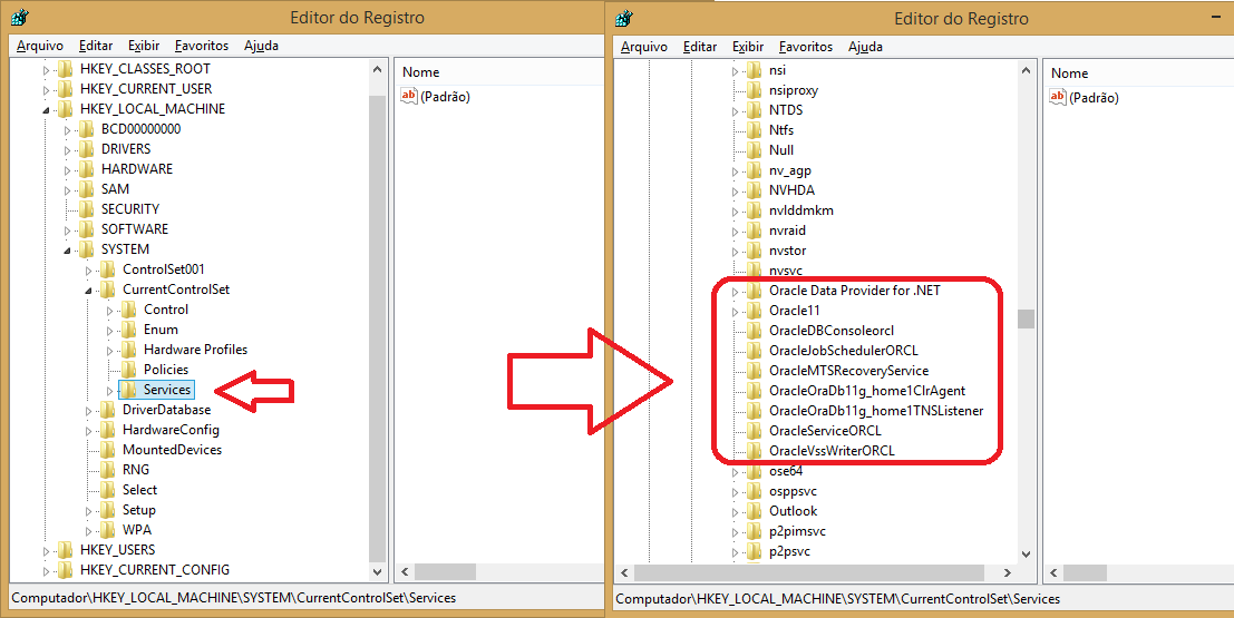excluir chave de registro dos serviços
Oracle